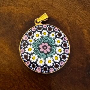 Millefiori Floral Glass Pendant w/ AMV Mark Gold Tone Bail Italian Style Mosaic